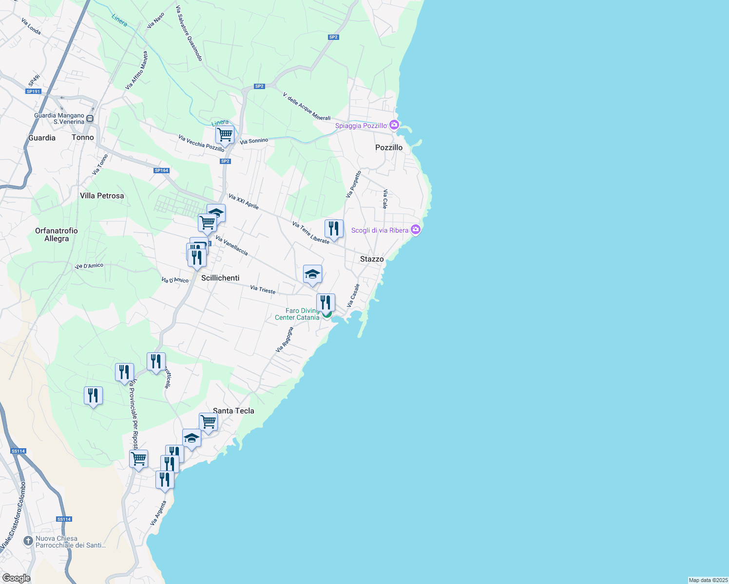 map of restaurants, bars, coffee shops, grocery stores, and more near 23 Via Cesare Battisti in Stazzo