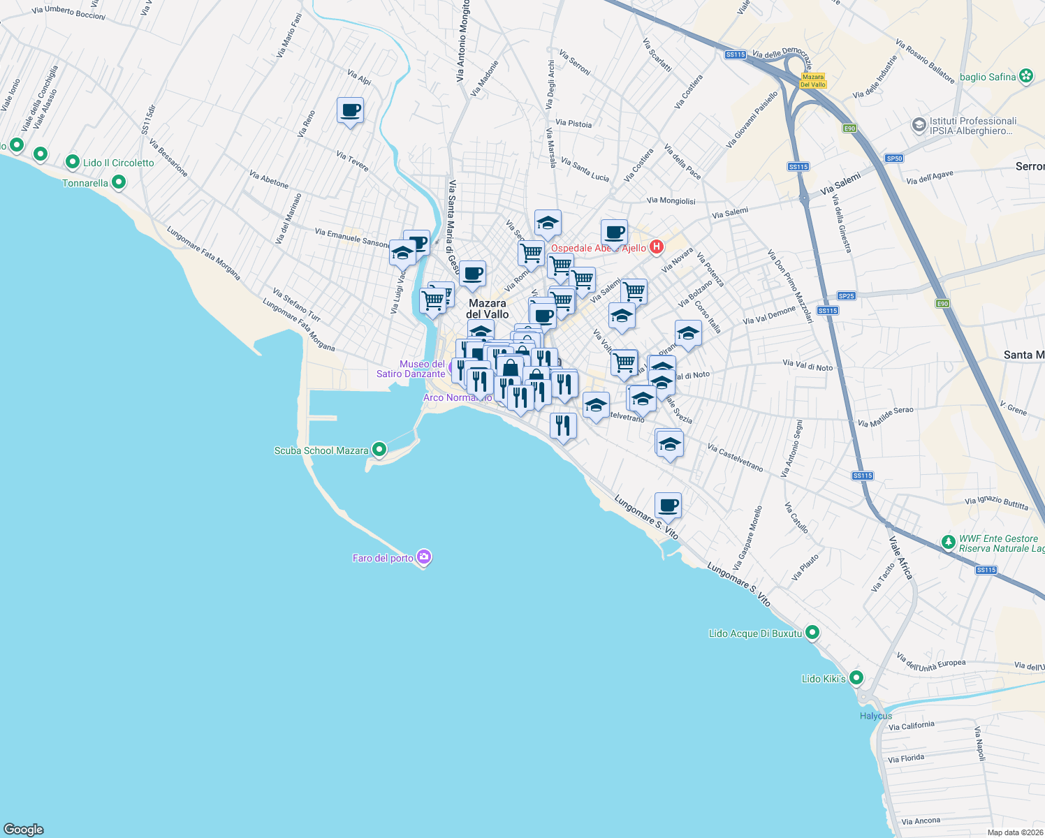 map of restaurants, bars, coffee shops, grocery stores, and more near 23 Lungomare Giuseppe Mazzini in Mazara del Vallo