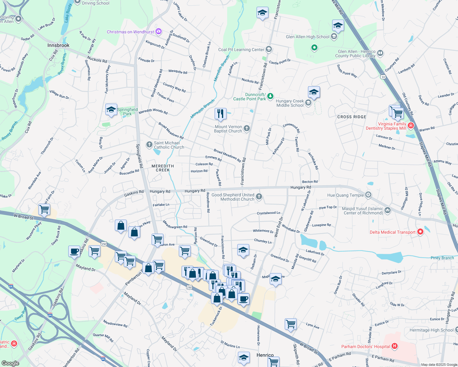 map of restaurants, bars, coffee shops, grocery stores, and more near 4601 Kayhoe Road in Glen Allen