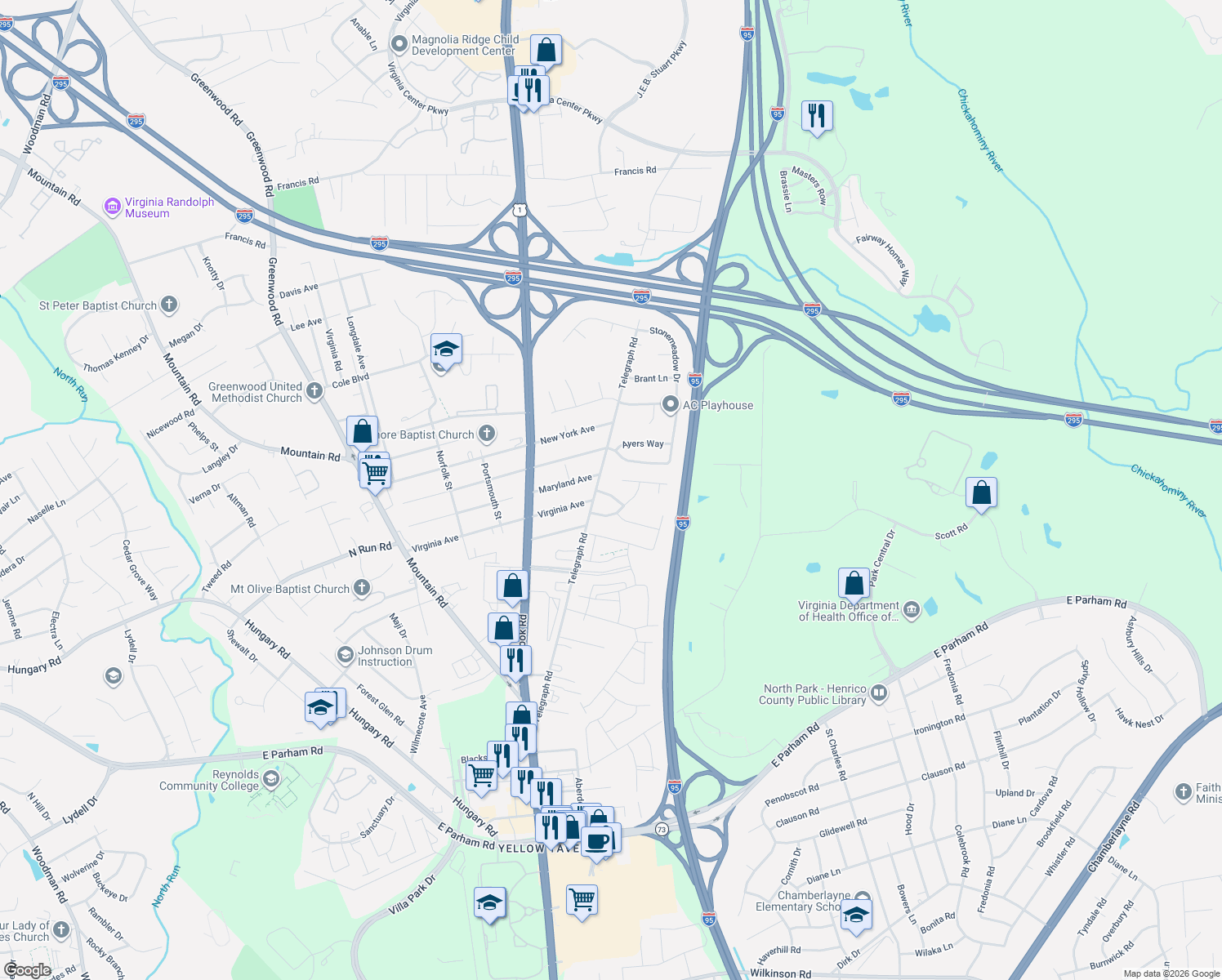 map of restaurants, bars, coffee shops, grocery stores, and more near 1012 Telegraph Woods Drive in Glen Allen