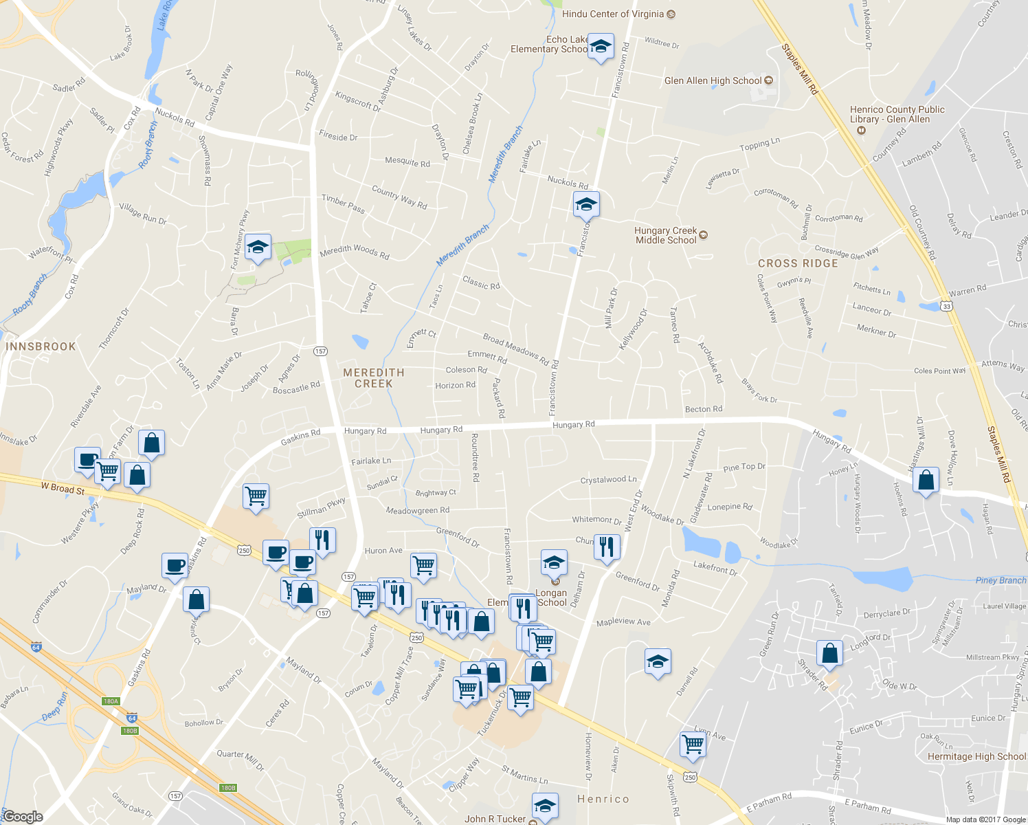 map of restaurants, bars, coffee shops, grocery stores, and more near 4604 Kayhoe Road in Glen Allen