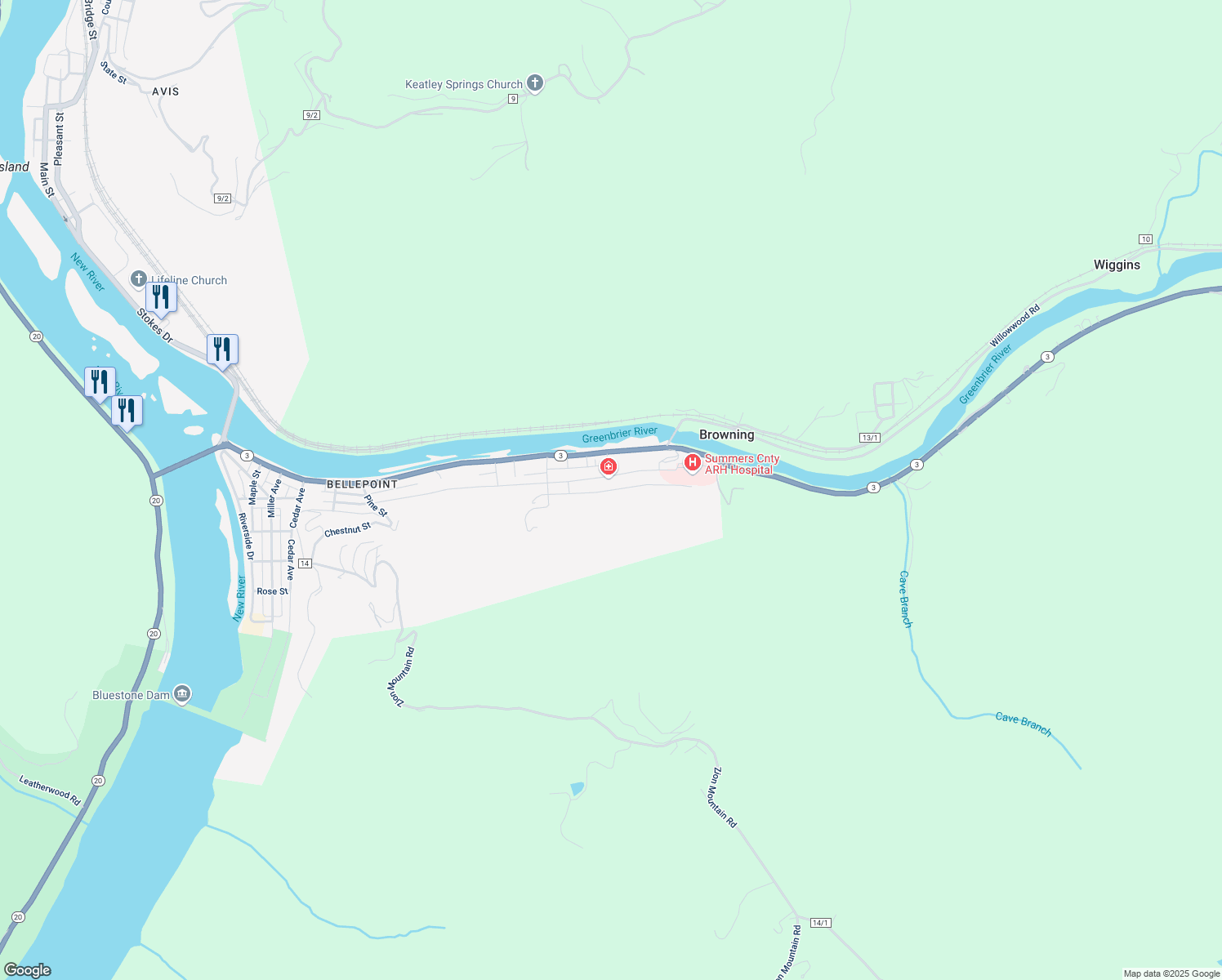 map of restaurants, bars, coffee shops, grocery stores, and more near Walnut Street in Hinton
