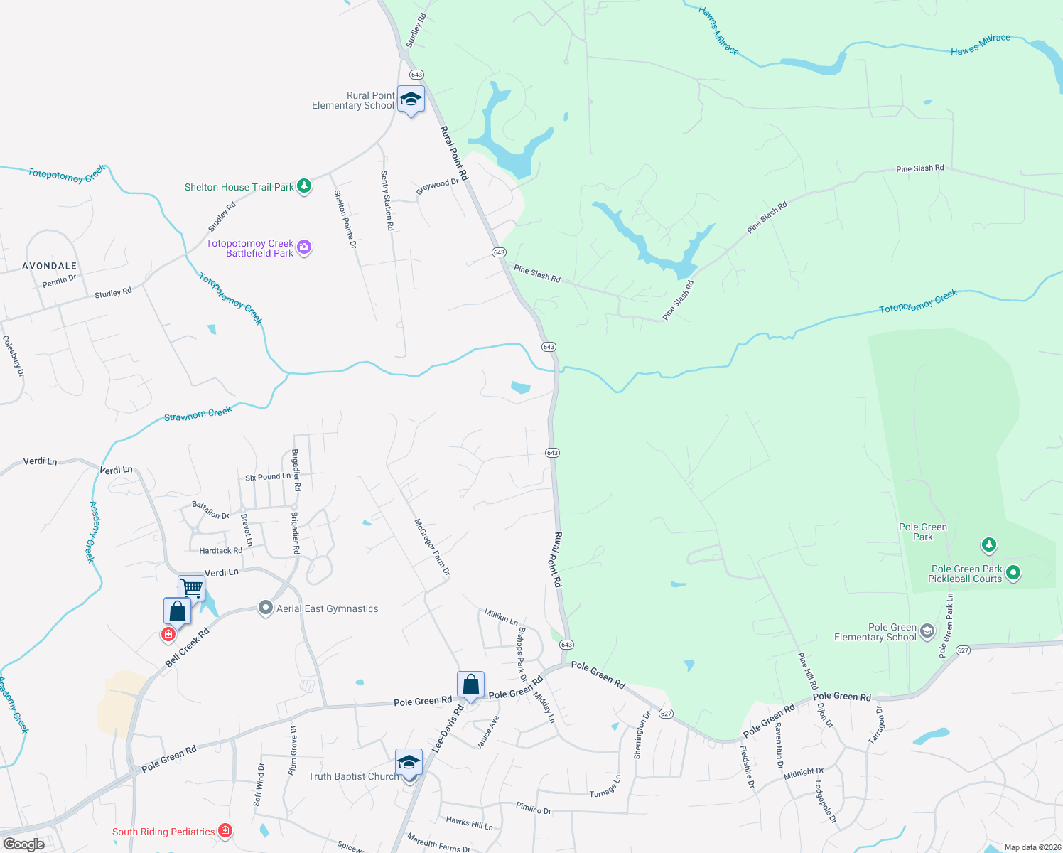 map of restaurants, bars, coffee shops, grocery stores, and more near 9110 Mossy Brook Road in Mechanicsville