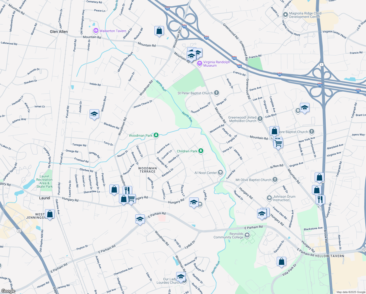 map of restaurants, bars, coffee shops, grocery stores, and more near 9713 Willow Glen Lane in Richmond