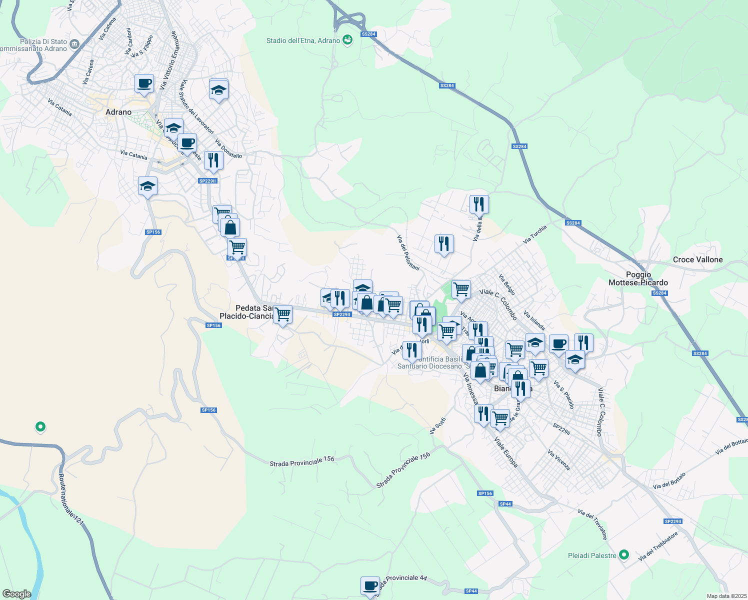 map of restaurants, bars, coffee shops, grocery stores, and more near 28 Via del Ginepro in Biancavilla