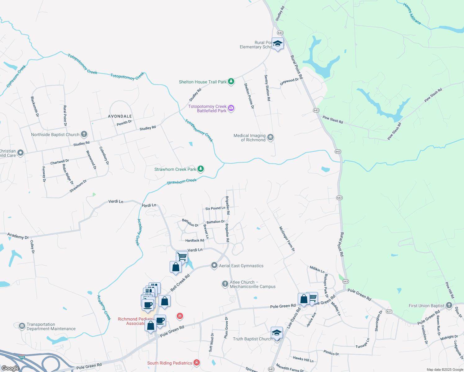 map of restaurants, bars, coffee shops, grocery stores, and more near 9104 Brigadier Road in Mechanicsville