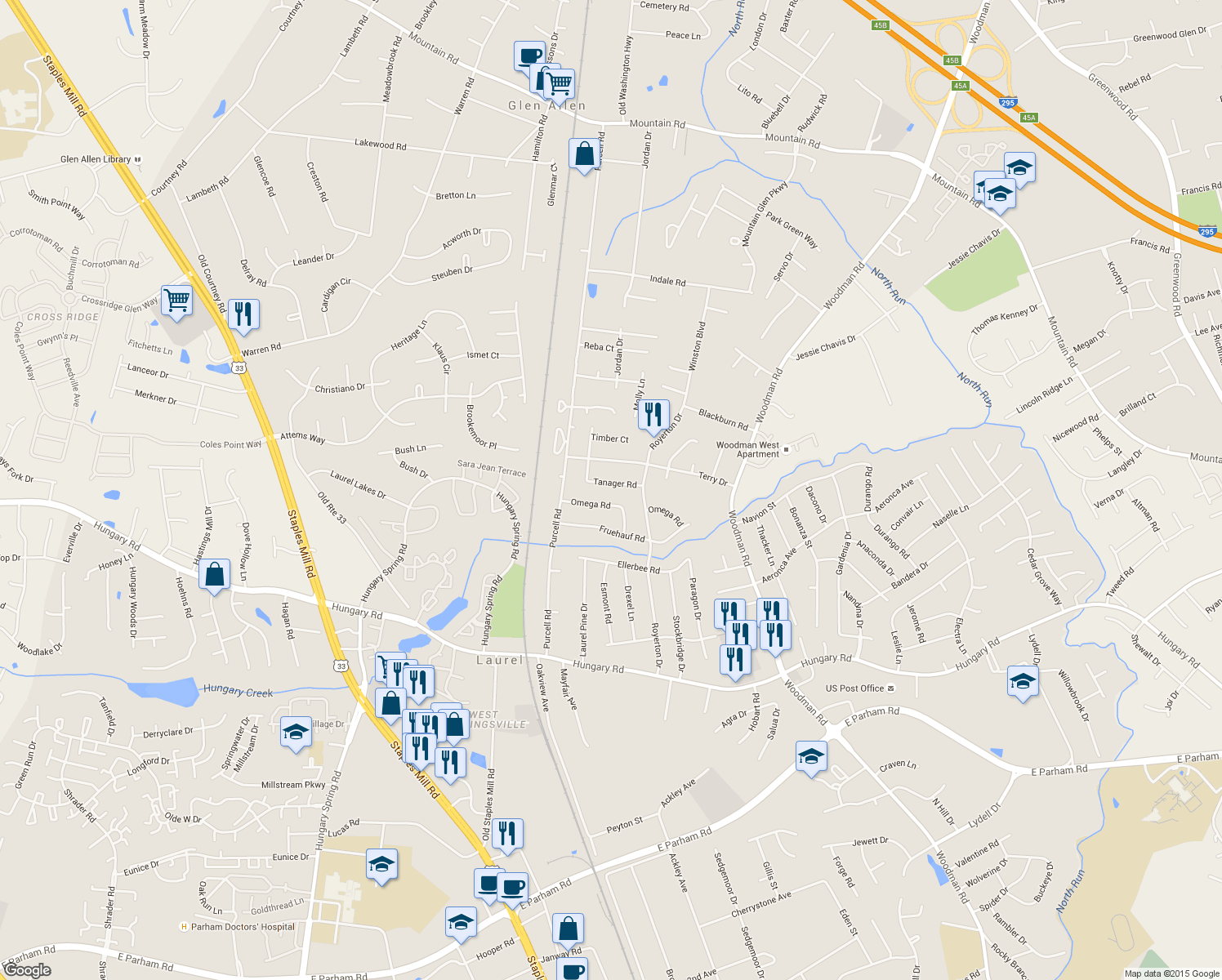 map of restaurants, bars, coffee shops, grocery stores, and more near 2711 Tanager Road in Henrico