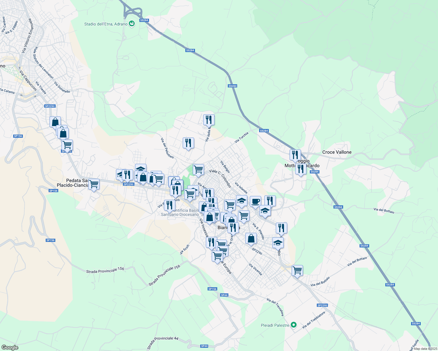 map of restaurants, bars, coffee shops, grocery stores, and more near 214 Via Cesare de Masi in Biancavilla