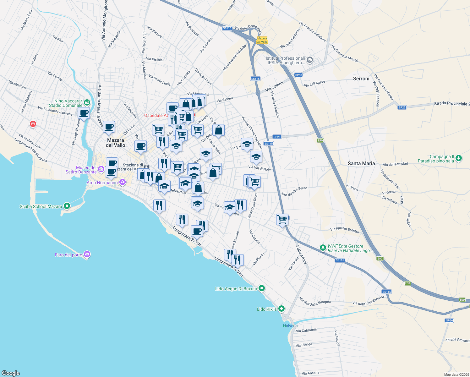 map of restaurants, bars, coffee shops, grocery stores, and more near 25 Via Pietro Nenni in Mazara del Vallo