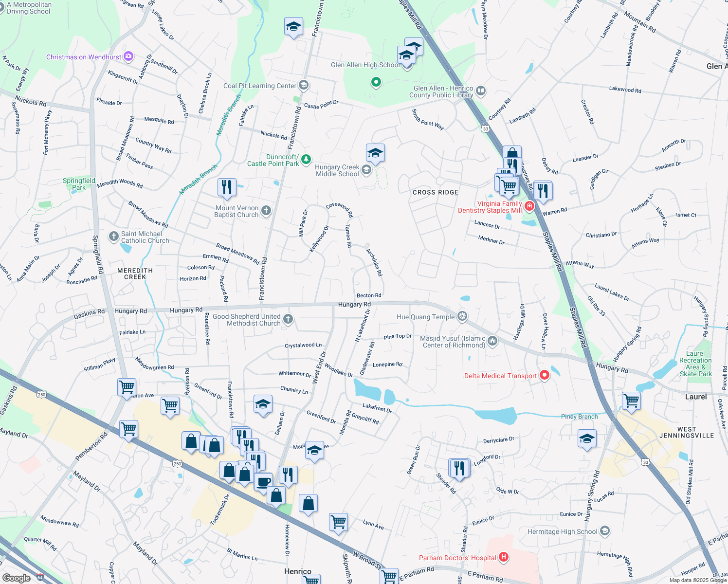 map of restaurants, bars, coffee shops, grocery stores, and more near 9002 Becton Rd in Glen Allen