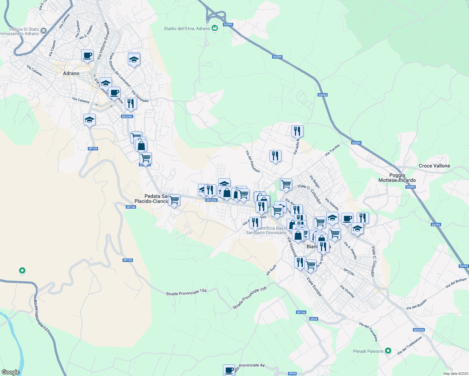 map of restaurants, bars, coffee shops, grocery stores, and more near 28 Via del Ginepro in Biancavilla