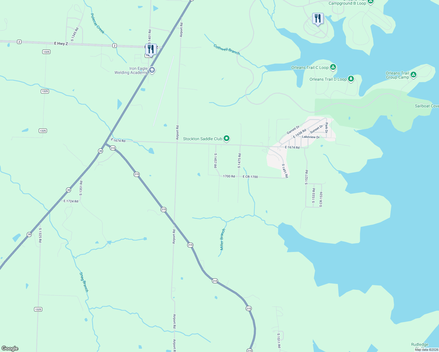 map of restaurants, bars, coffee shops, grocery stores, and more near 16893 South 1457 Road in Stockton