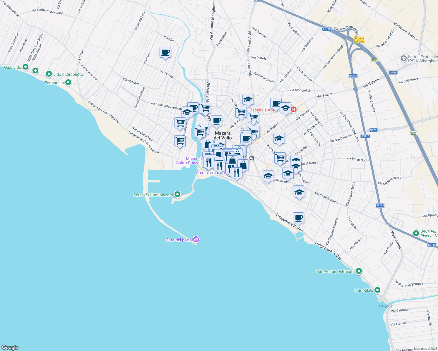 map of restaurants, bars, coffee shops, grocery stores, and more near 23 Lungomare Giuseppe Mazzini in Mazara del Vallo