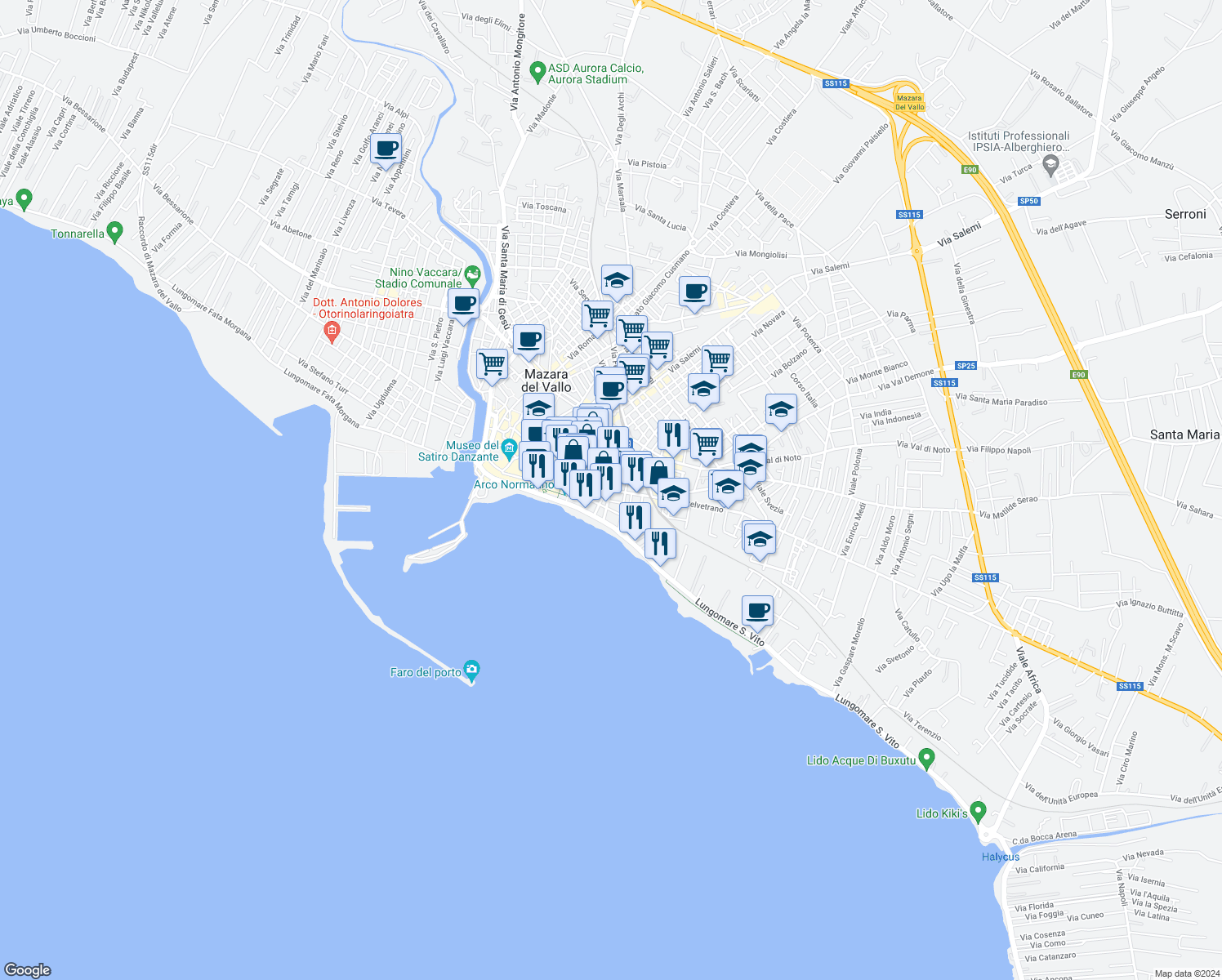 map of restaurants, bars, coffee shops, grocery stores, and more near 9 Via Francesco Bilò in Mazara del Vallo