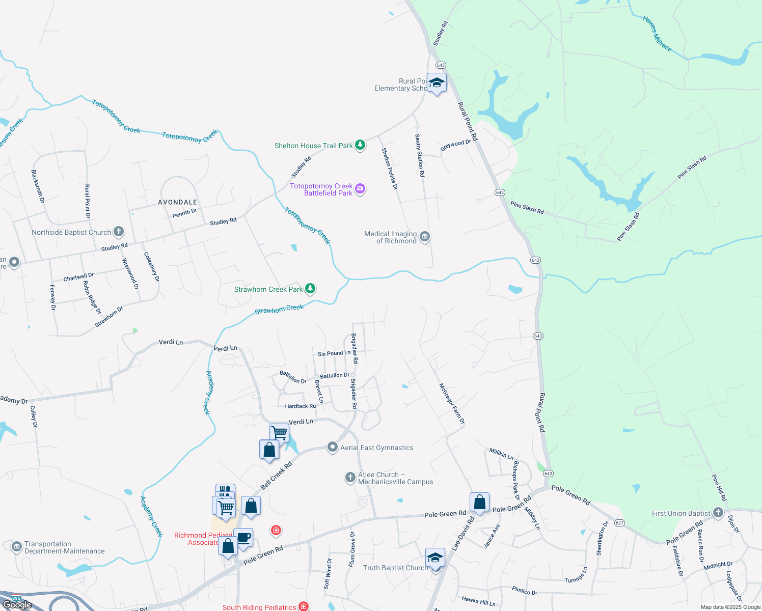 map of restaurants, bars, coffee shops, grocery stores, and more near 9096 Lunette Lane in Mechanicsville