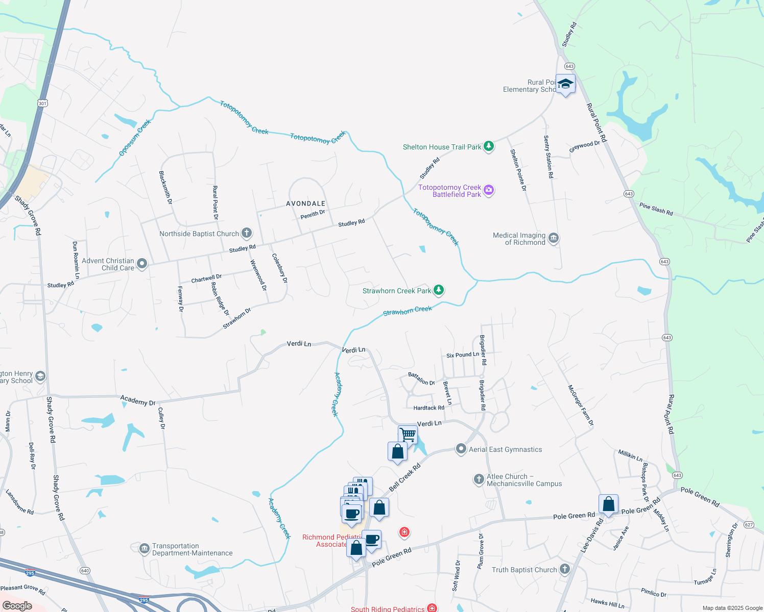 map of restaurants, bars, coffee shops, grocery stores, and more near 9205 Derwent Drive in Mechanicsville