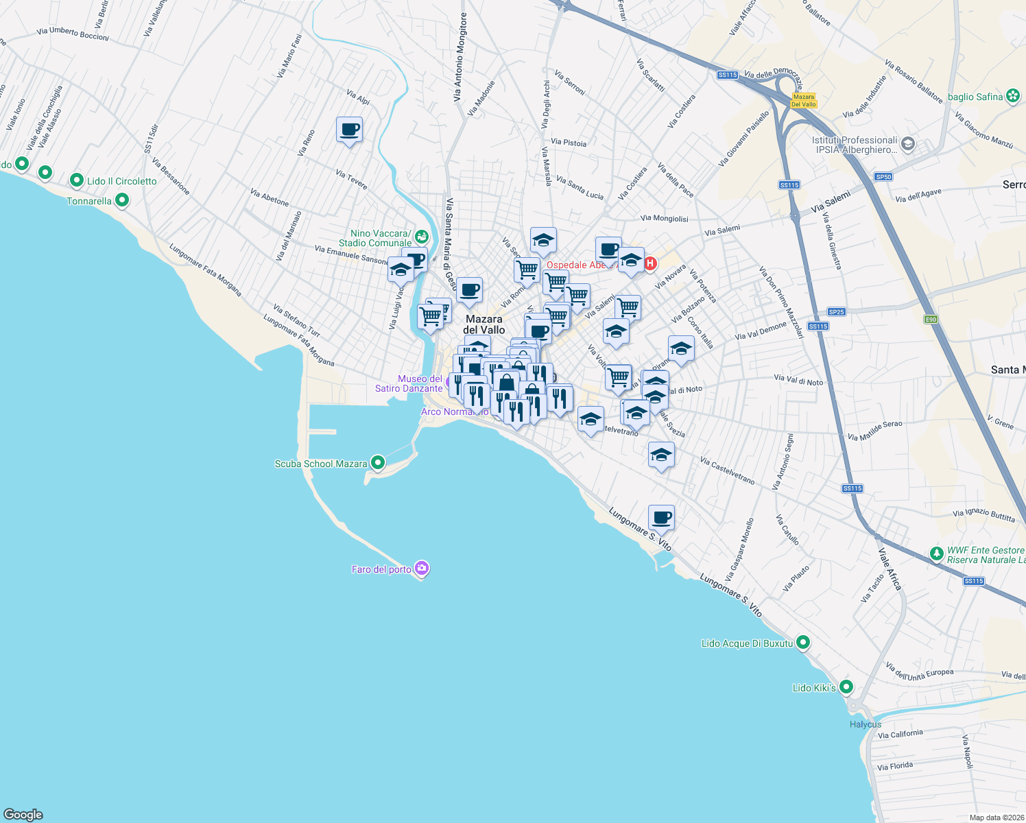 map of restaurants, bars, coffee shops, grocery stores, and more near 25 Via Giuseppe Boscarino in Mazara del Vallo