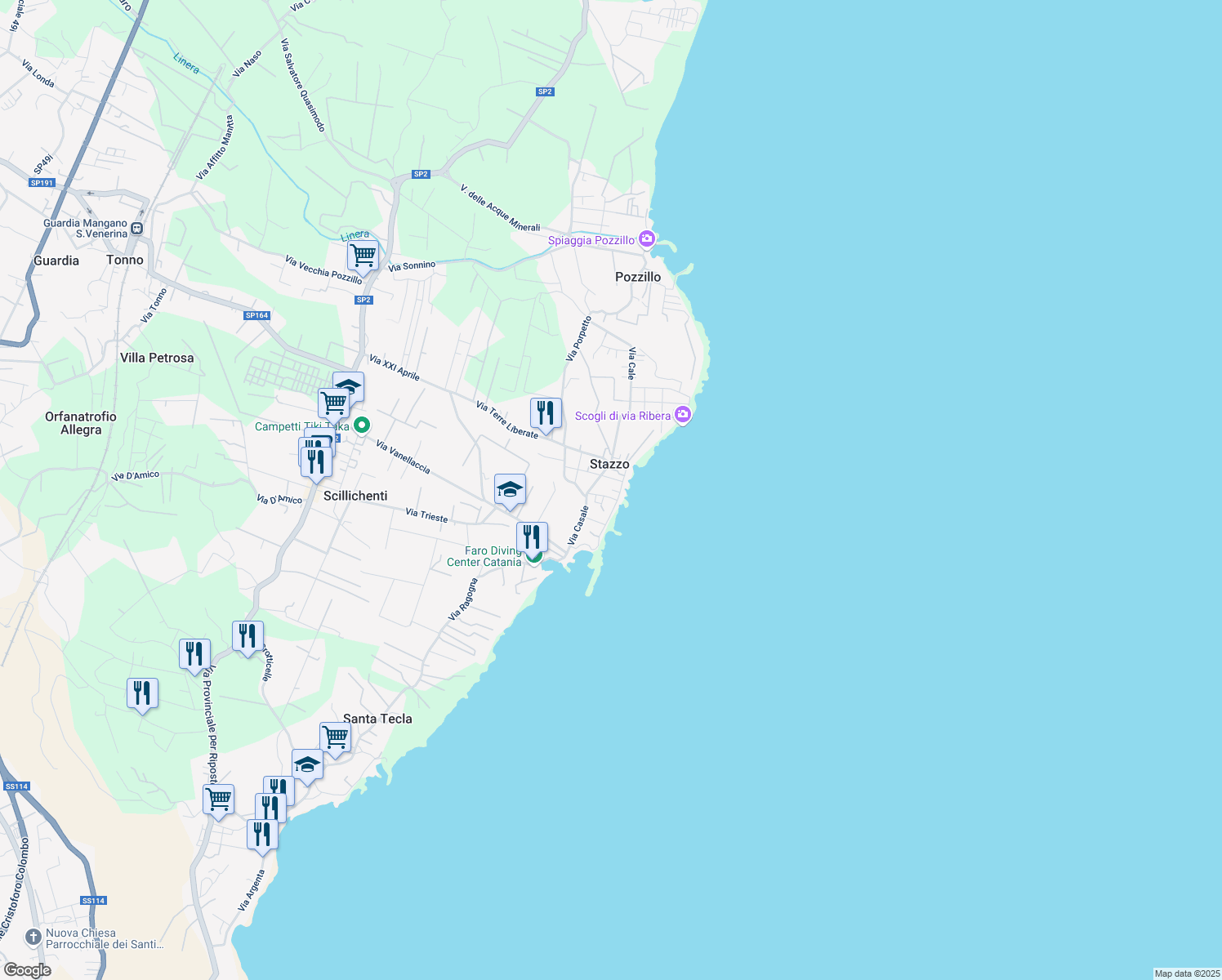 map of restaurants, bars, coffee shops, grocery stores, and more near 30 Via Casale in Acireale