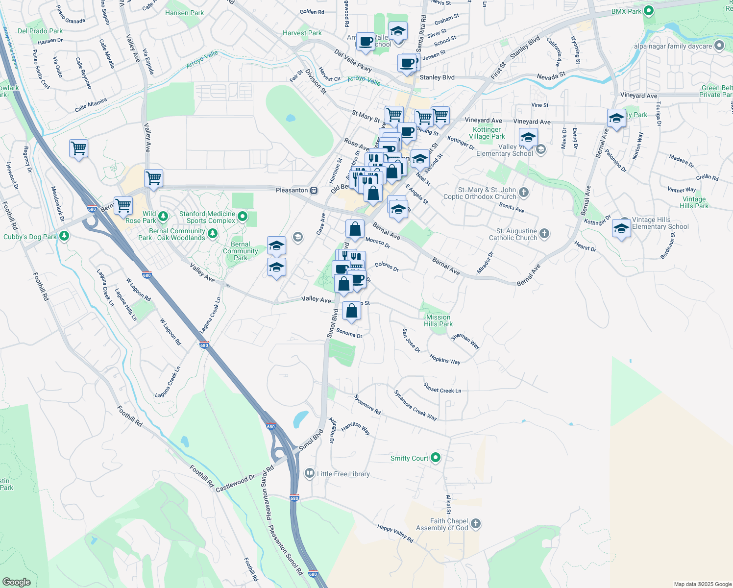 map of restaurants, bars, coffee shops, grocery stores, and more near 5363 Sonoma Drive in Pleasanton