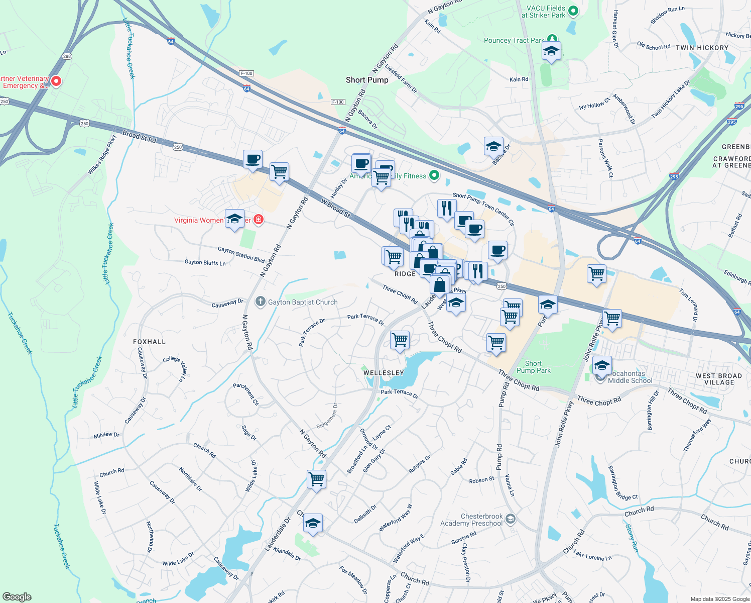 map of restaurants, bars, coffee shops, grocery stores, and more near 12048 Foxfield Circle in Richmond