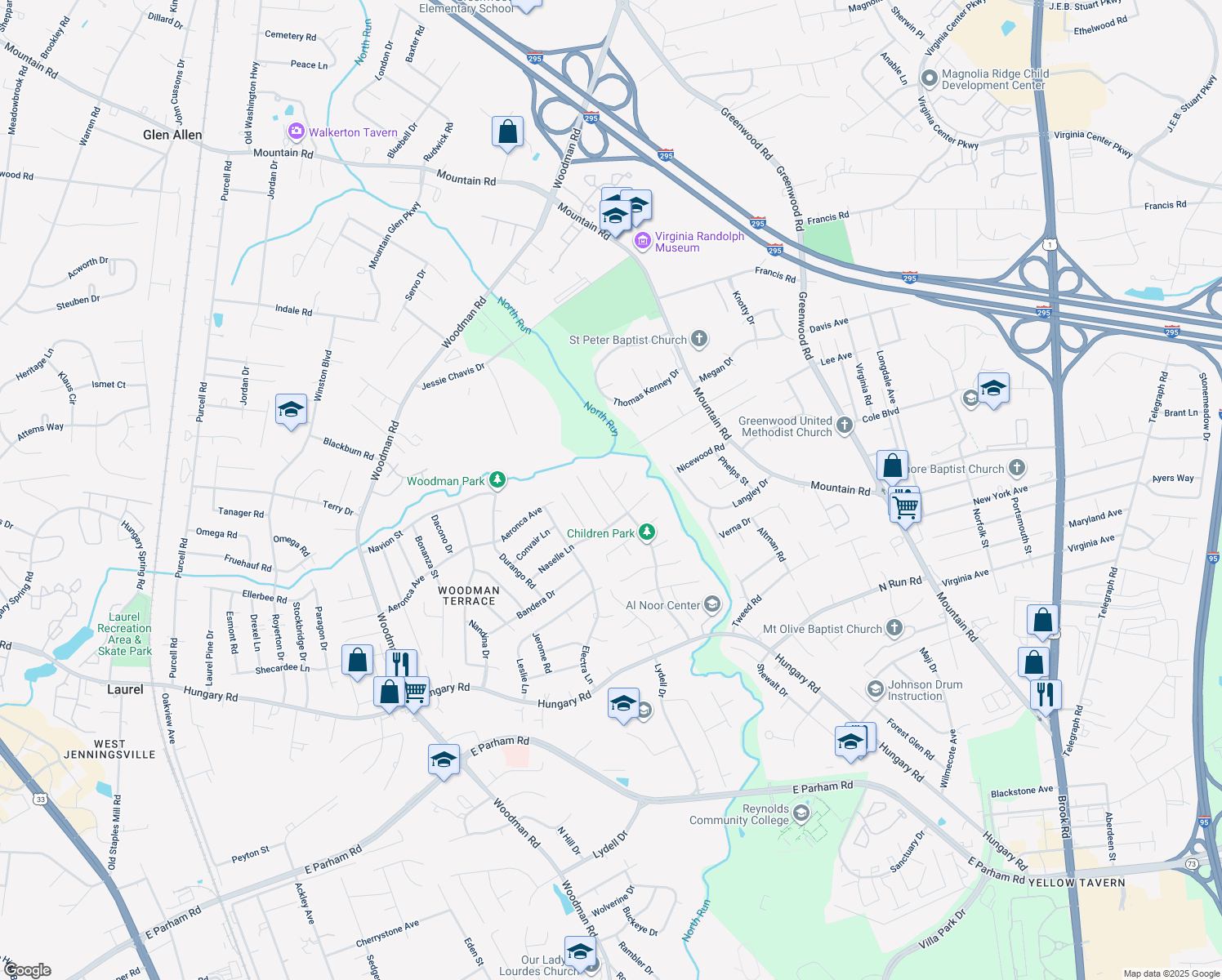 map of restaurants, bars, coffee shops, grocery stores, and more near 9724 Cedar Grove Way in Henrico
