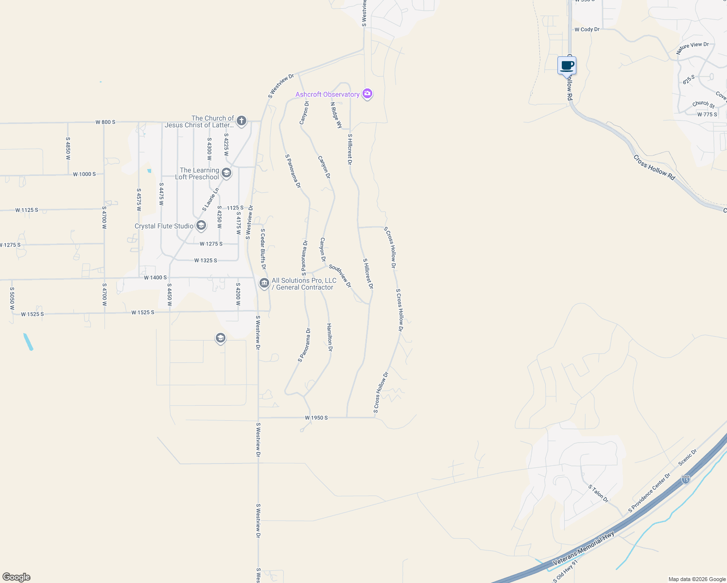 map of restaurants, bars, coffee shops, grocery stores, and more near 1460 South Hillcrest Drive in Cedar City