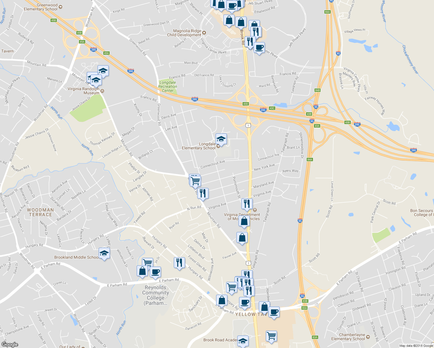 map of restaurants, bars, coffee shops, grocery stores, and more near 1401 Rhode Island Avenue in Glen Allen