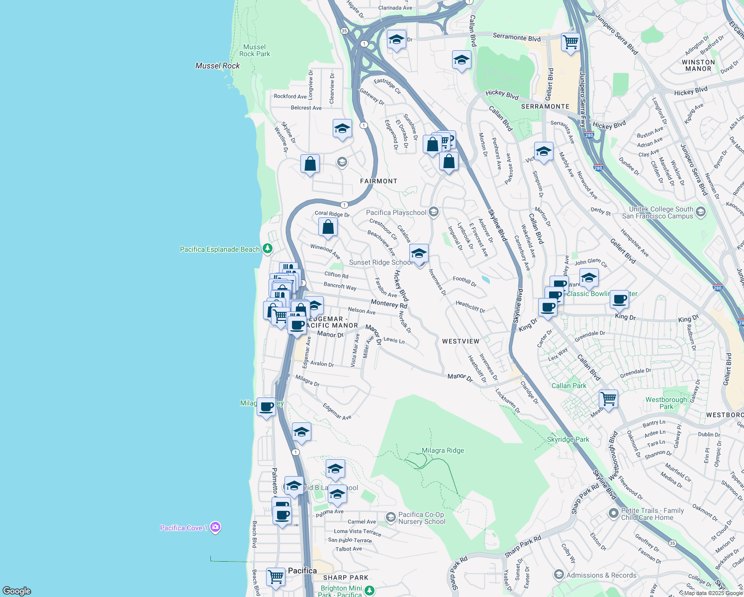 map of restaurants, bars, coffee shops, grocery stores, and more near 395 Monterey Road in Pacifica