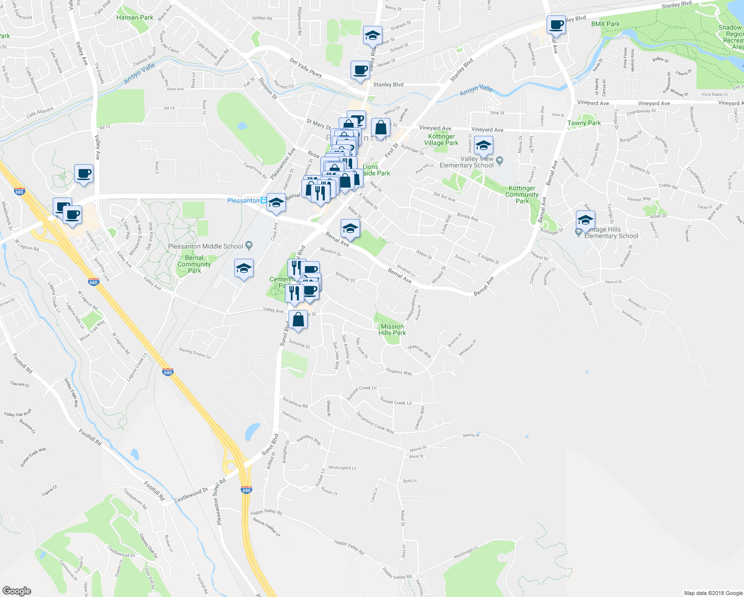 map of restaurants, bars, coffee shops, grocery stores, and more near 569 Dolores Pl in Pleasanton