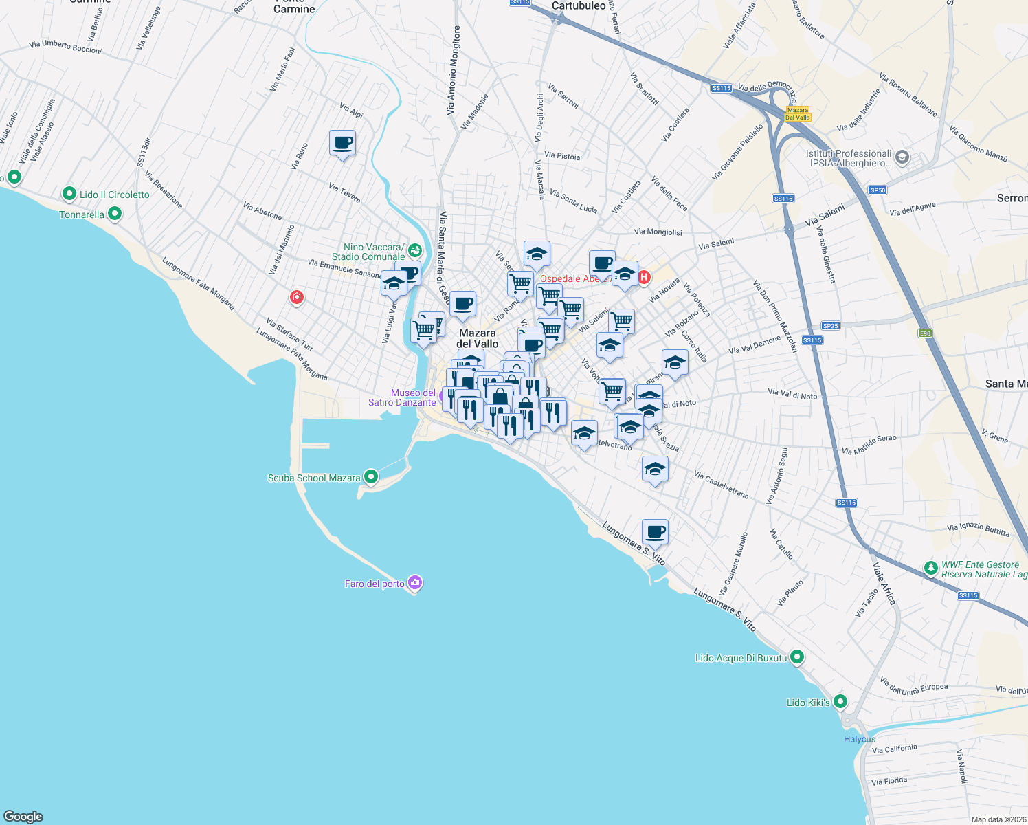 map of restaurants, bars, coffee shops, grocery stores, and more near 25 Via Giuseppe Boscarino in Mazara del Vallo