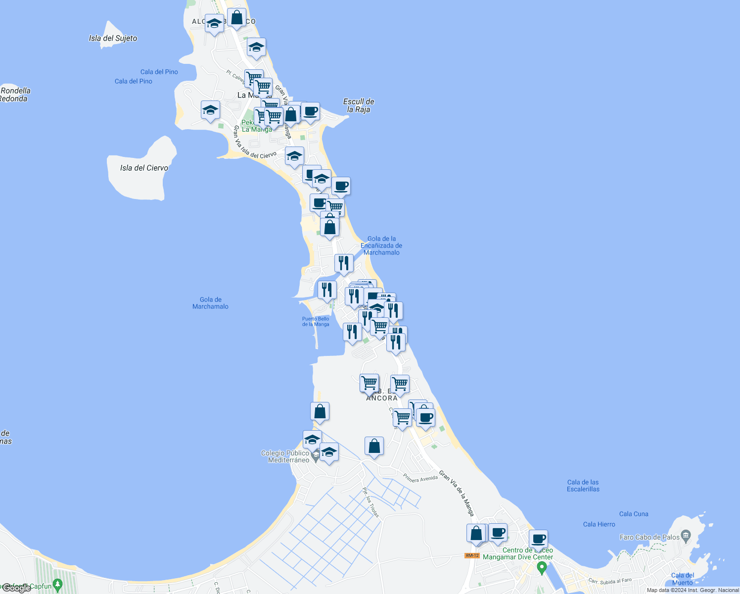 map of restaurants, bars, coffee shops, grocery stores, and more near km 1 Gran Vía de la Manga in La Manga