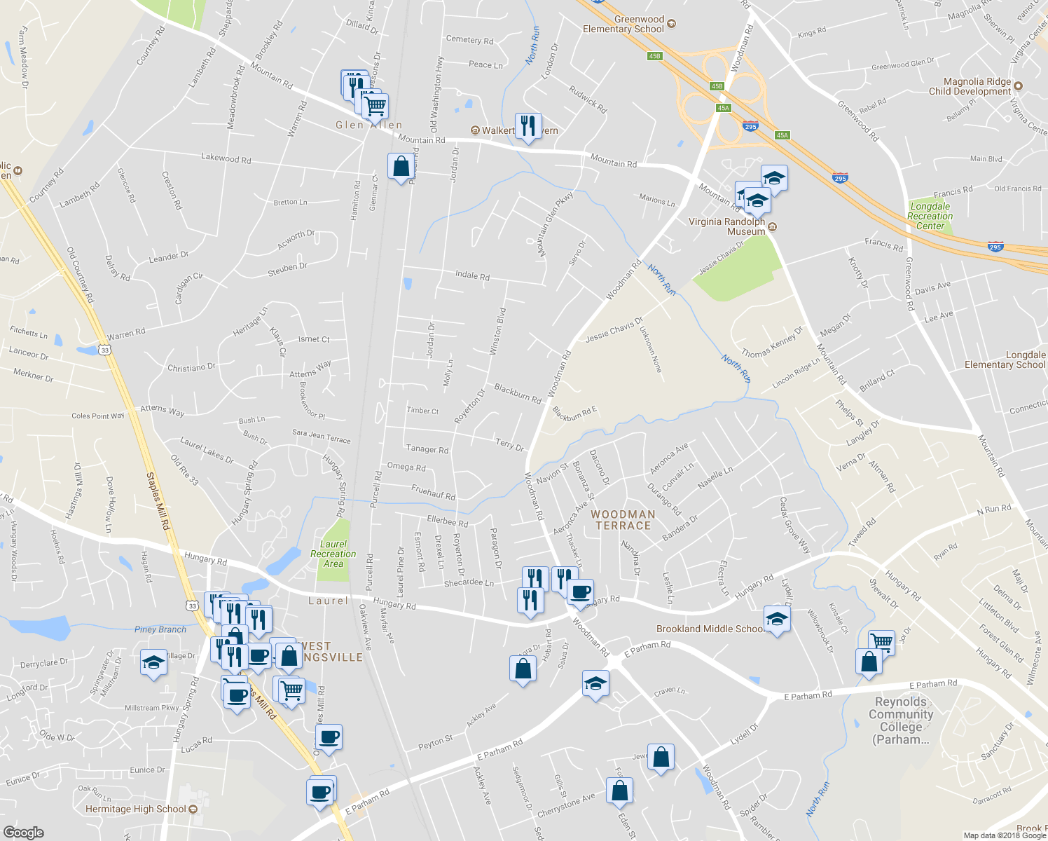 map of restaurants, bars, coffee shops, grocery stores, and more near 10111 Flanders Road in Richmond