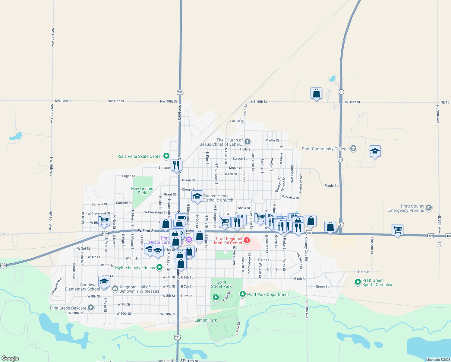 map of restaurants, bars, coffee shops, grocery stores, and more near 699 N Curtis St in Pratt