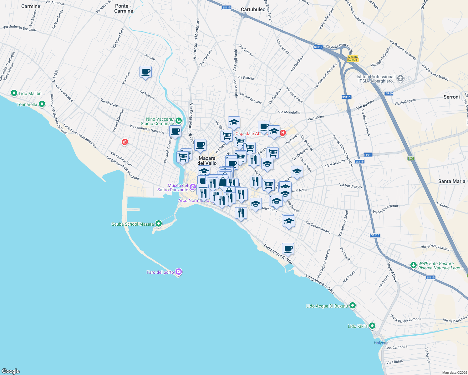 map of restaurants, bars, coffee shops, grocery stores, and more near 9 Via Francesco Crispi in Mazara del Vallo