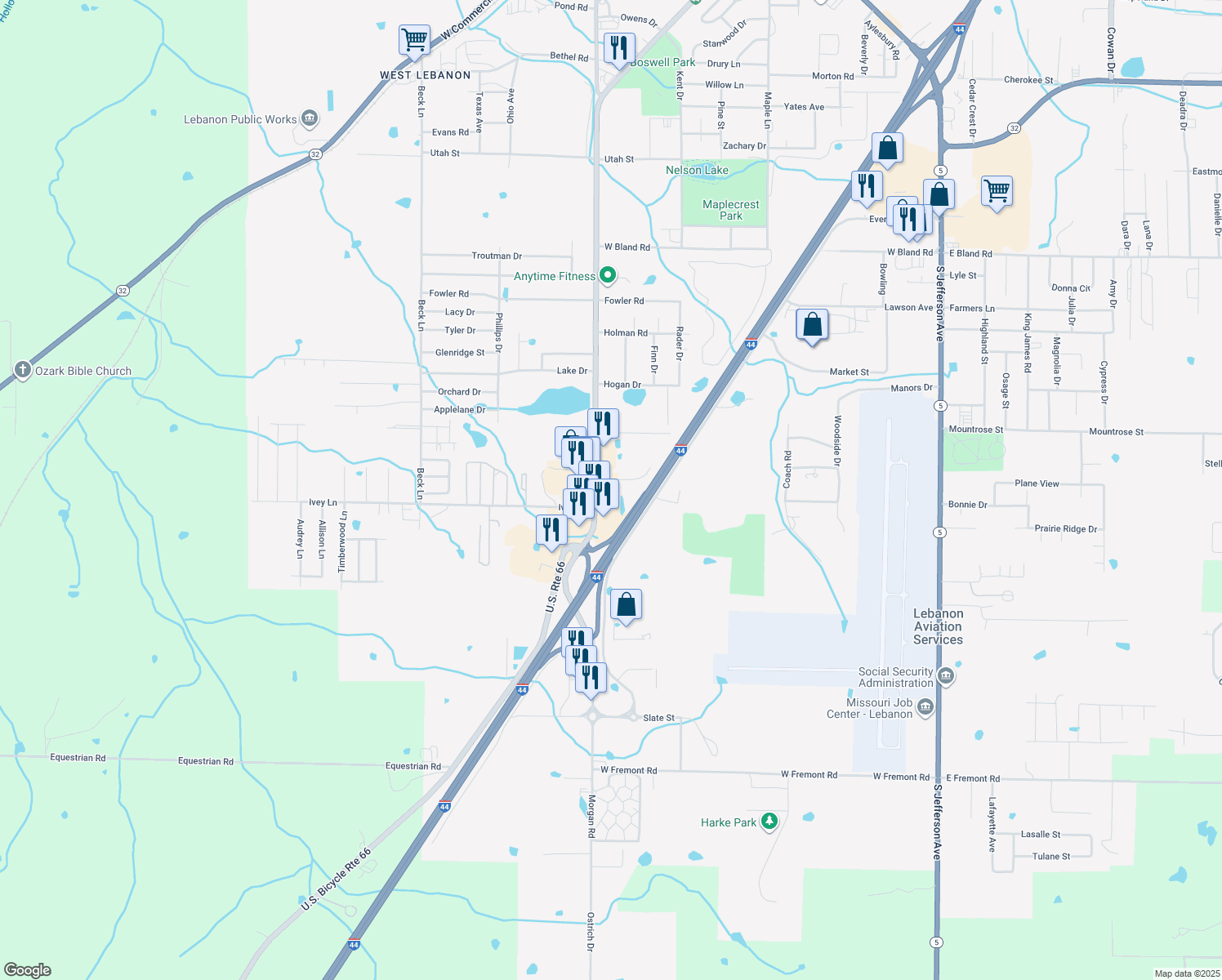 map of restaurants, bars, coffee shops, grocery stores, and more near 1830 West Elm Street in Lebanon