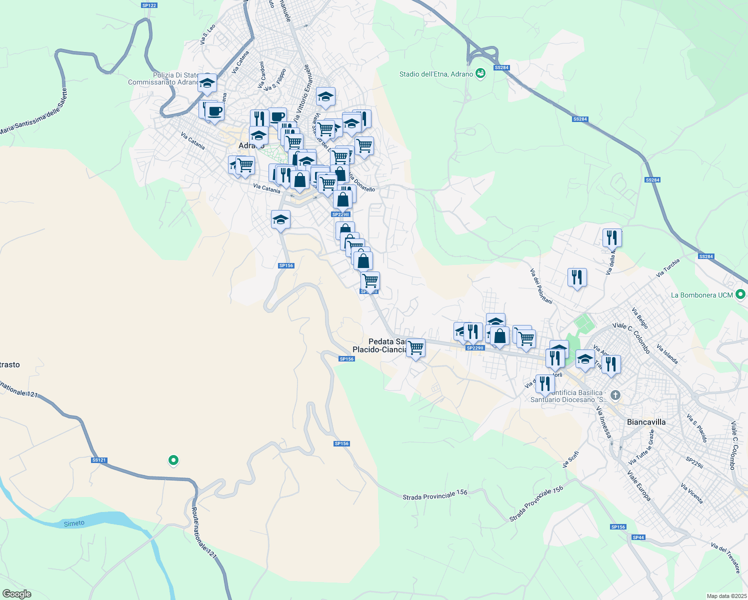 map of restaurants, bars, coffee shops, grocery stores, and more near Via Casale dei Greci in Adrano