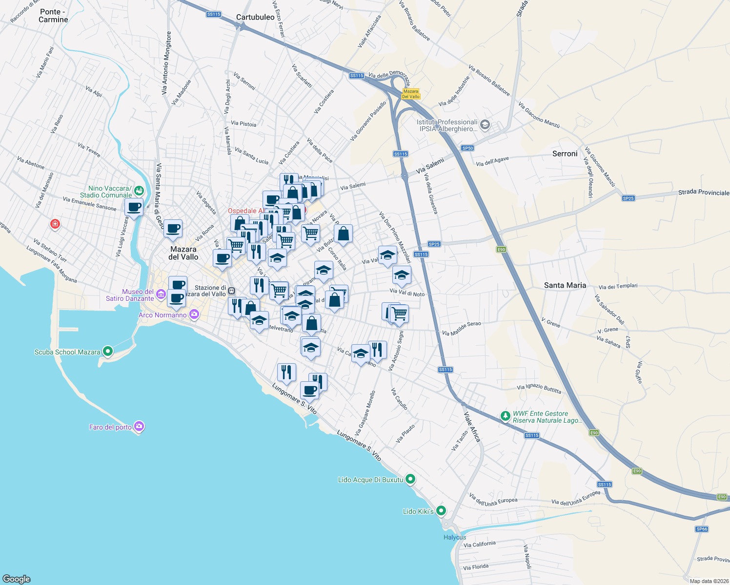map of restaurants, bars, coffee shops, grocery stores, and more near 14 Via Libano in Mazara del Vallo