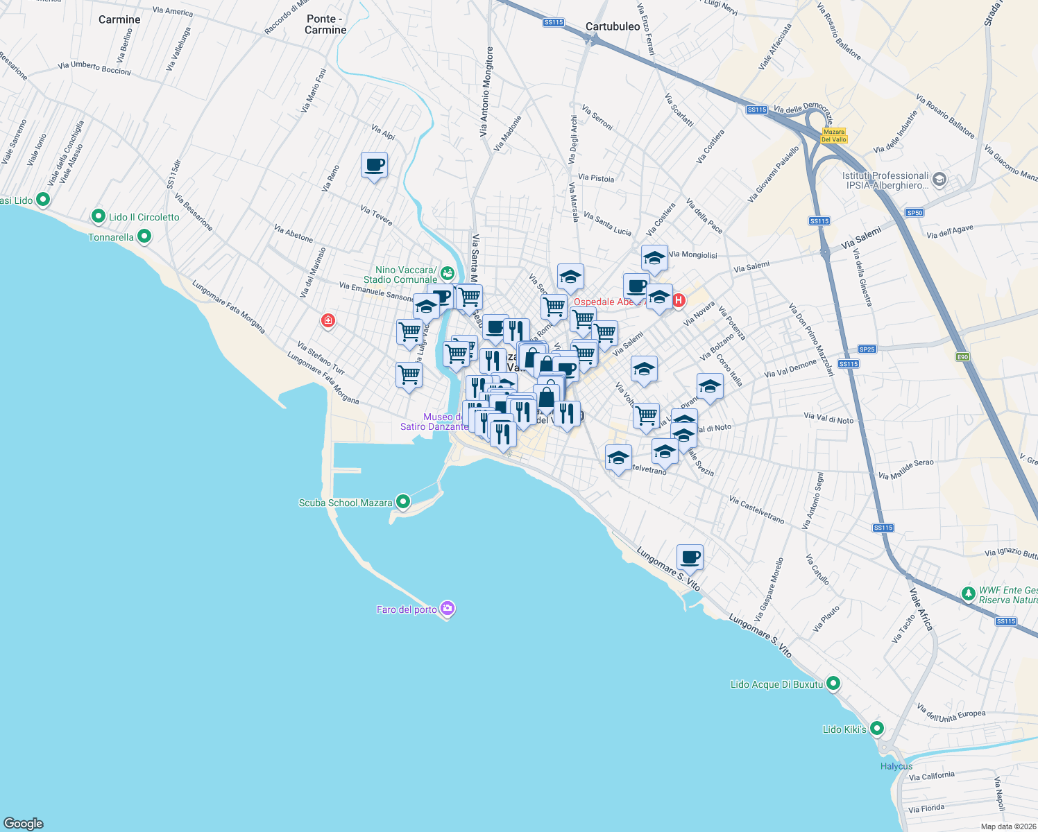 map of restaurants, bars, coffee shops, grocery stores, and more near 2 Via Severino Can. Michele in Mazara del Vallo