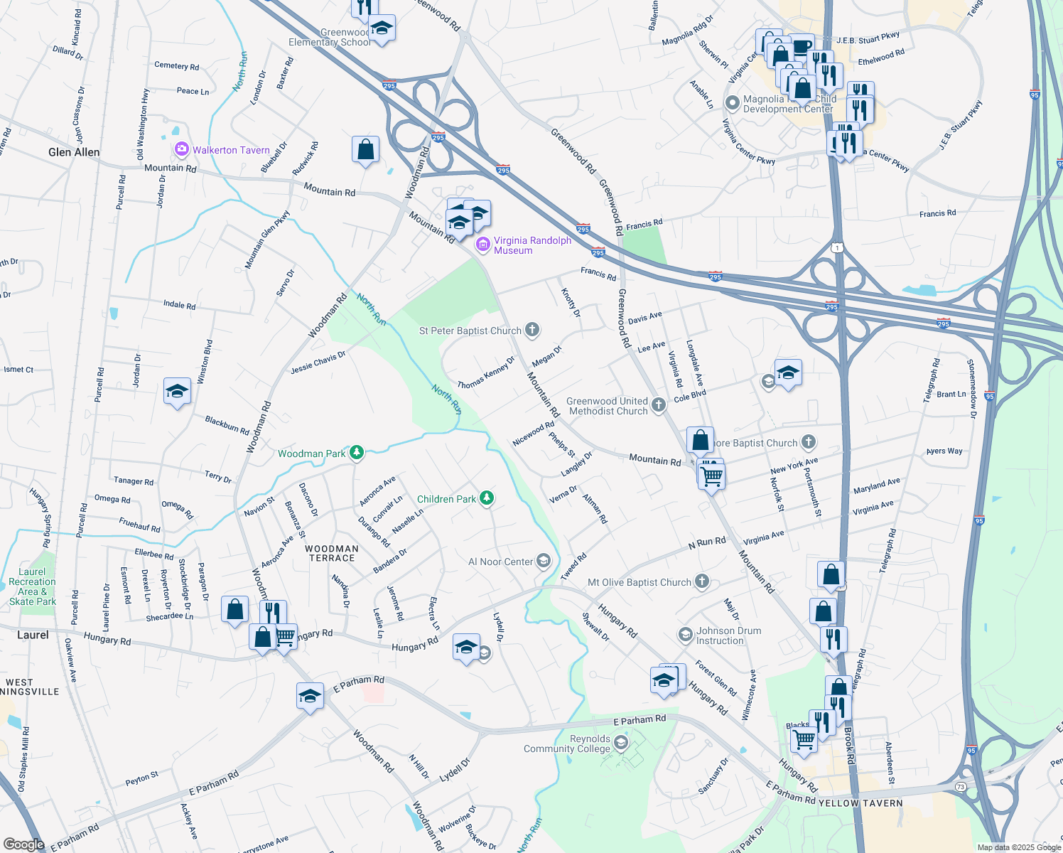map of restaurants, bars, coffee shops, grocery stores, and more near 8008 Nicewood Road in Glen Allen