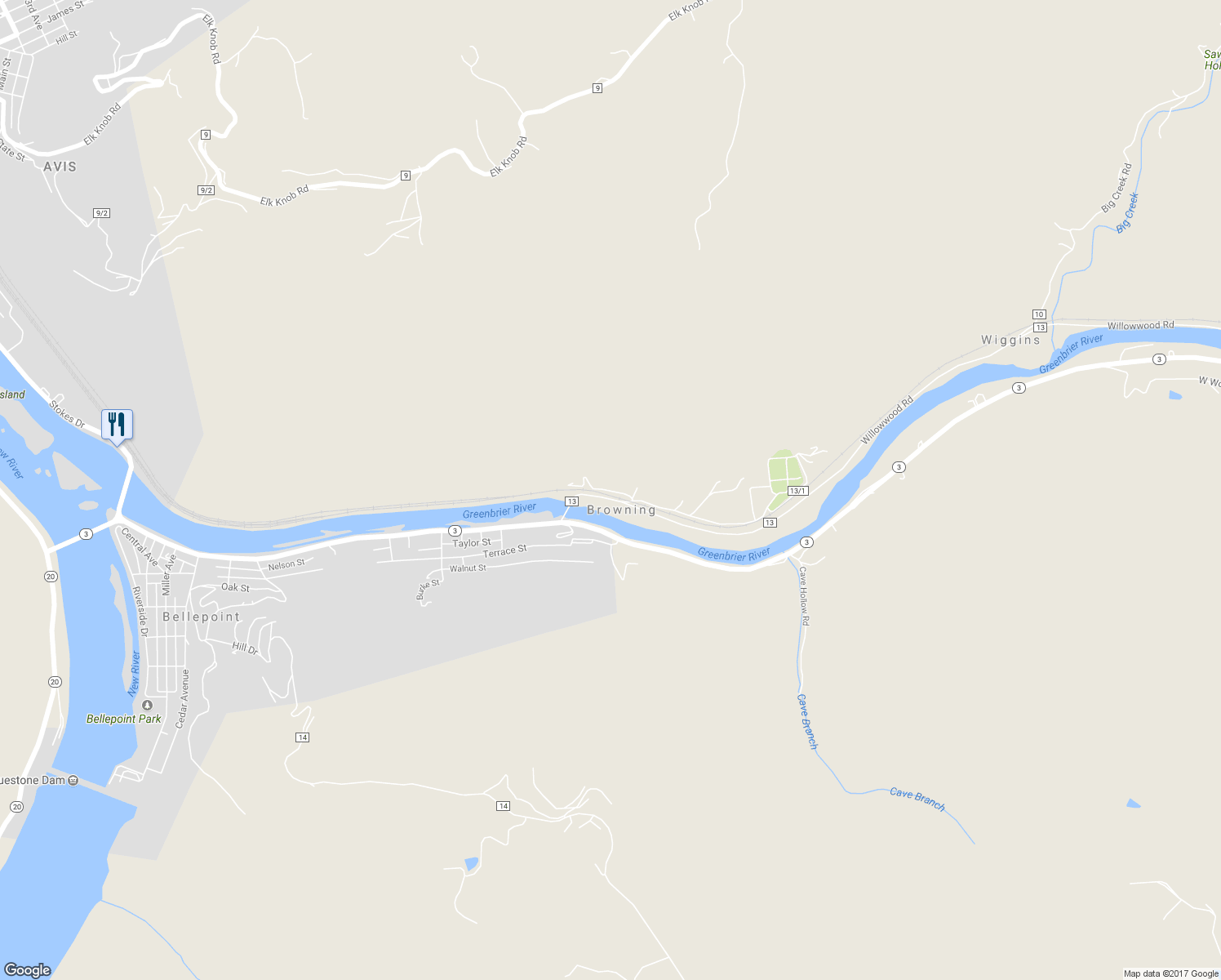 map of restaurants, bars, coffee shops, grocery stores, and more near Wiggins Road in Hinton