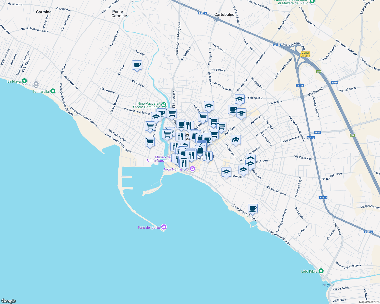 map of restaurants, bars, coffee shops, grocery stores, and more near 2 Via Severino Can. Michele in Mazara del Vallo