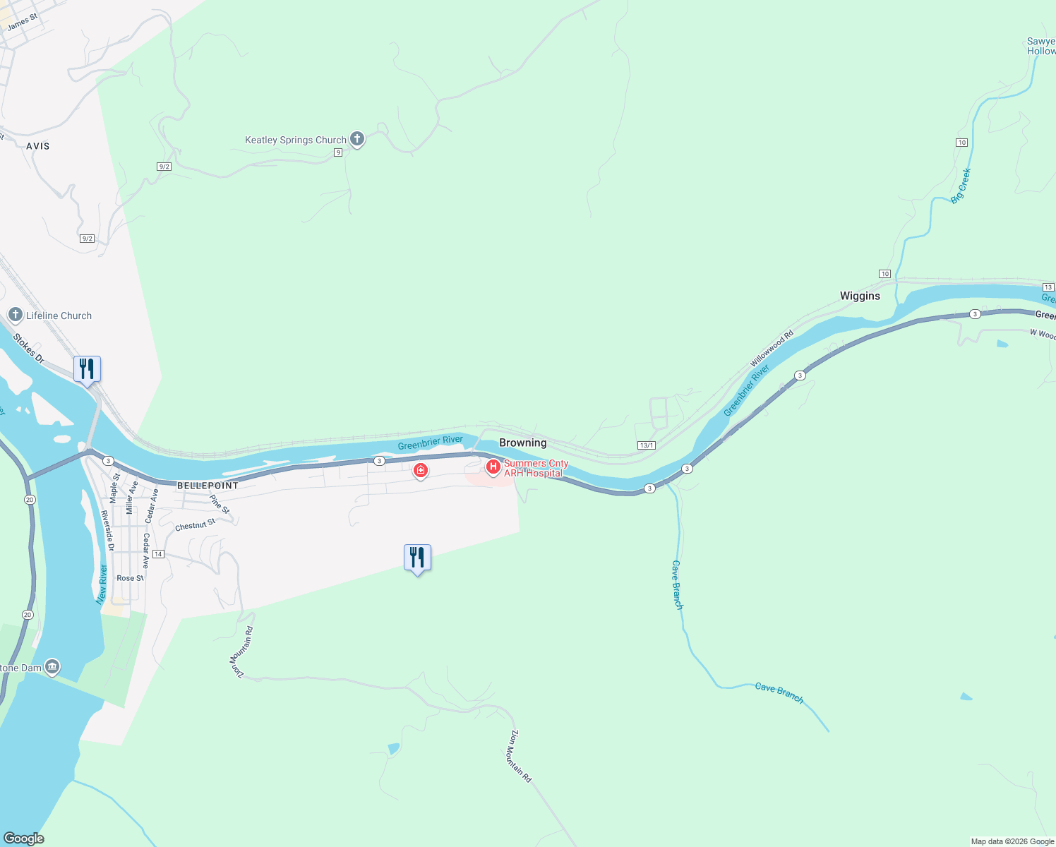 map of restaurants, bars, coffee shops, grocery stores, and more near Wiggins Road in Hinton