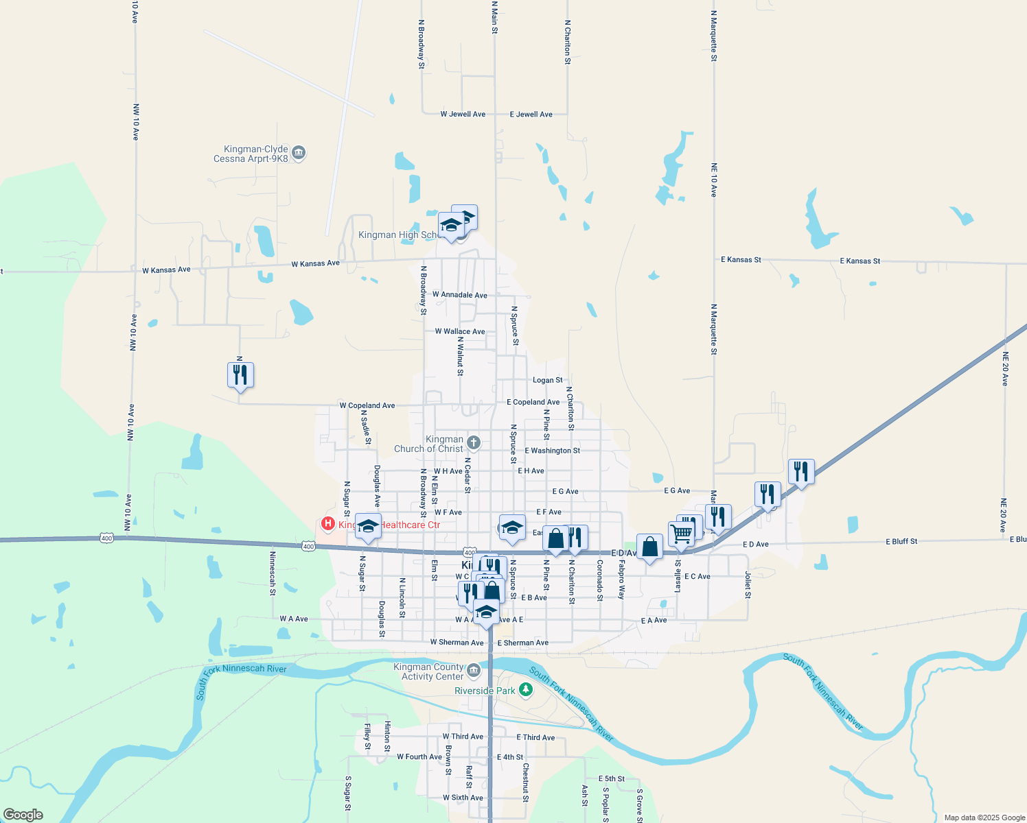 map of restaurants, bars, coffee shops, grocery stores, and more near 1165 N Spruce St in Kingman