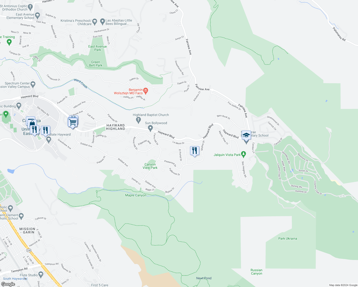 map of restaurants, bars, coffee shops, grocery stores, and more near La Mesa Dr in Hayward