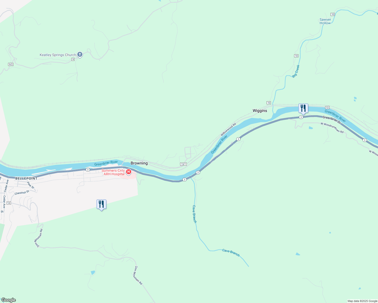 map of restaurants, bars, coffee shops, grocery stores, and more near 161 Wiggins Crossing in Hinton