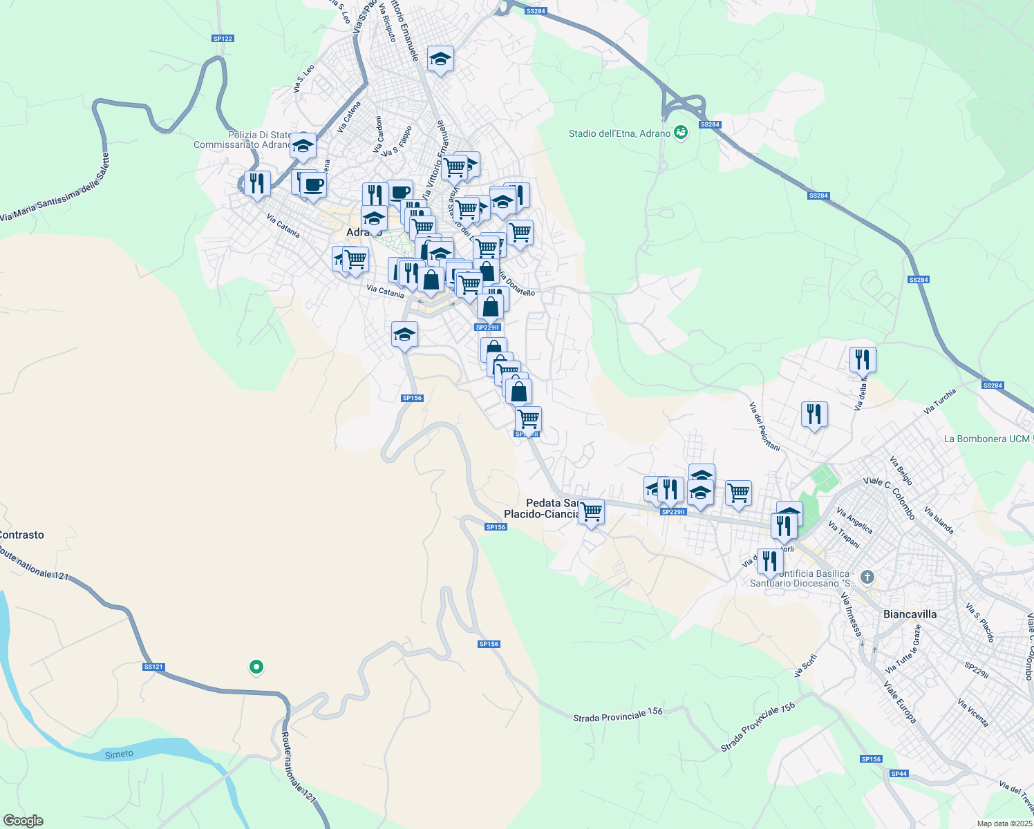 map of restaurants, bars, coffee shops, grocery stores, and more near 25 Via Casale dei Greci in Adrano