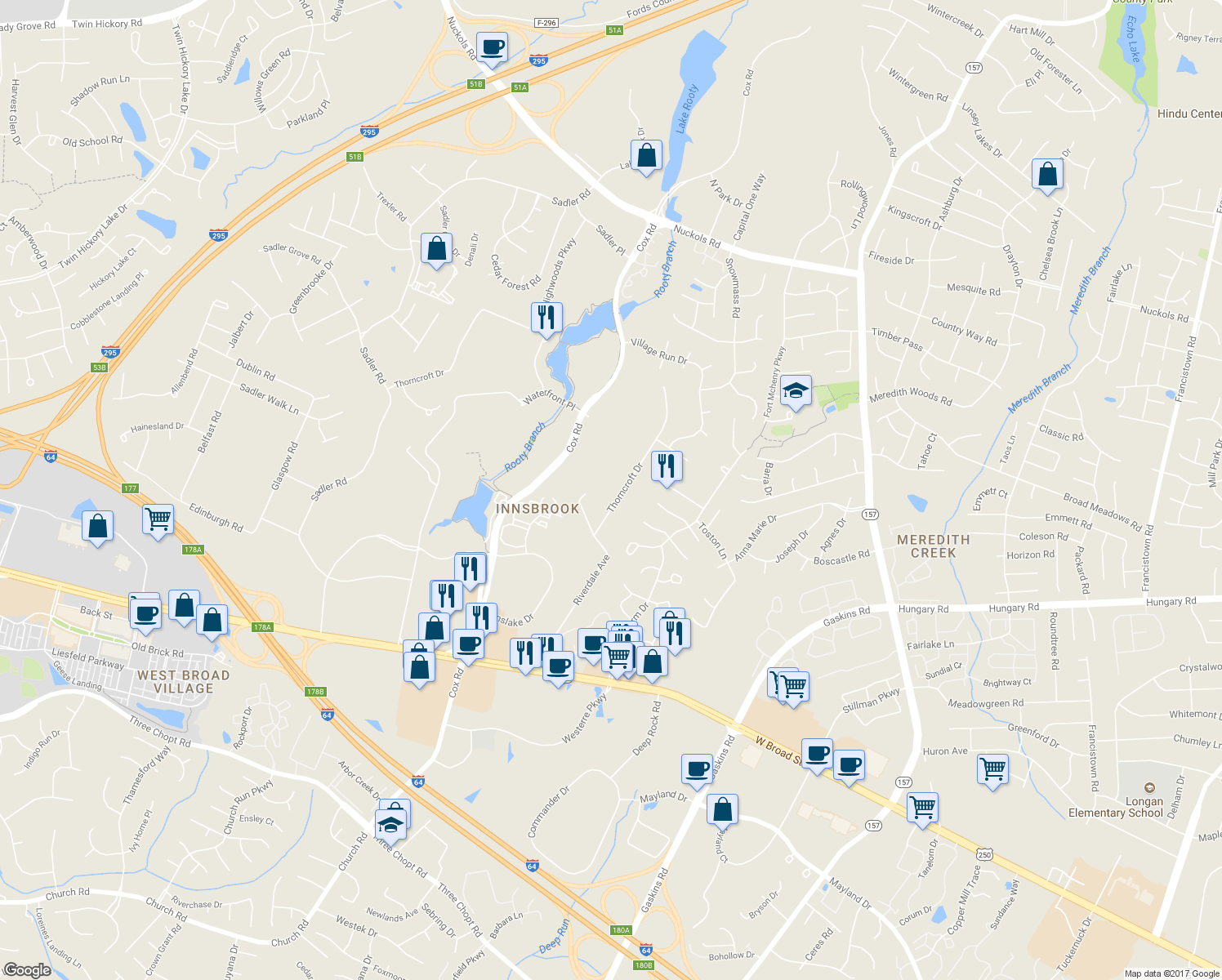 map of restaurants, bars, coffee shops, grocery stores, and more near 4368 Thorncroft Drive in Glen Allen