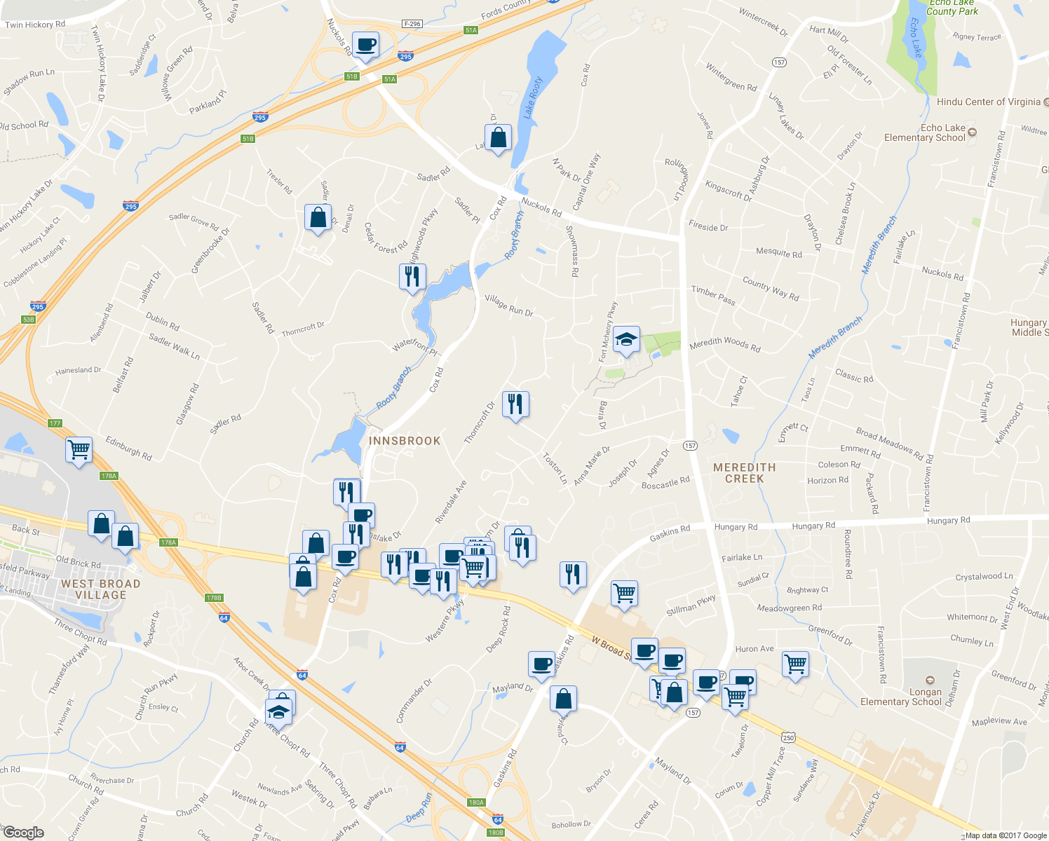 map of restaurants, bars, coffee shops, grocery stores, and more near 10924 Brunson Way in Glen Allen