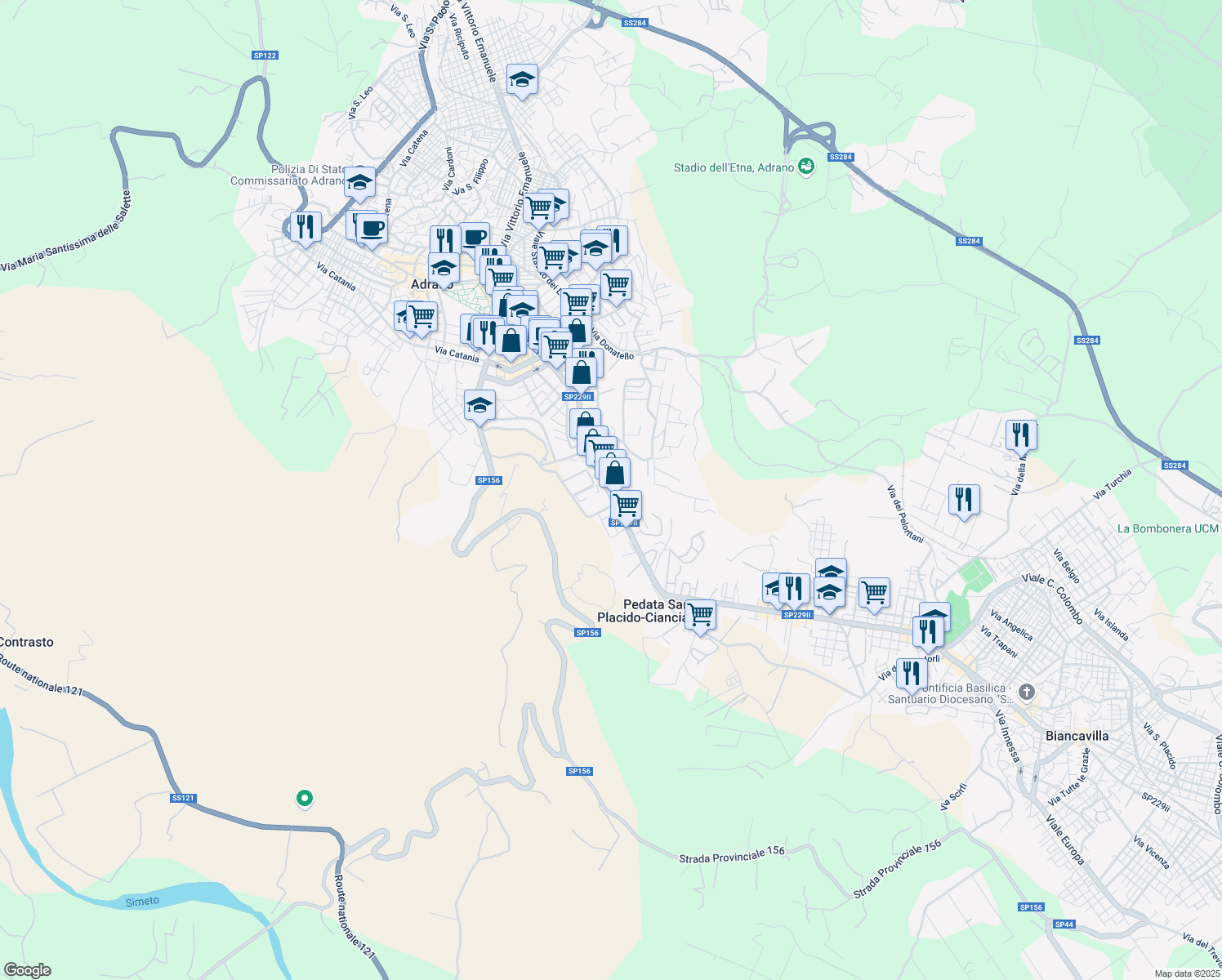 map of restaurants, bars, coffee shops, grocery stores, and more near 25 Via Casale dei Greci in Adrano