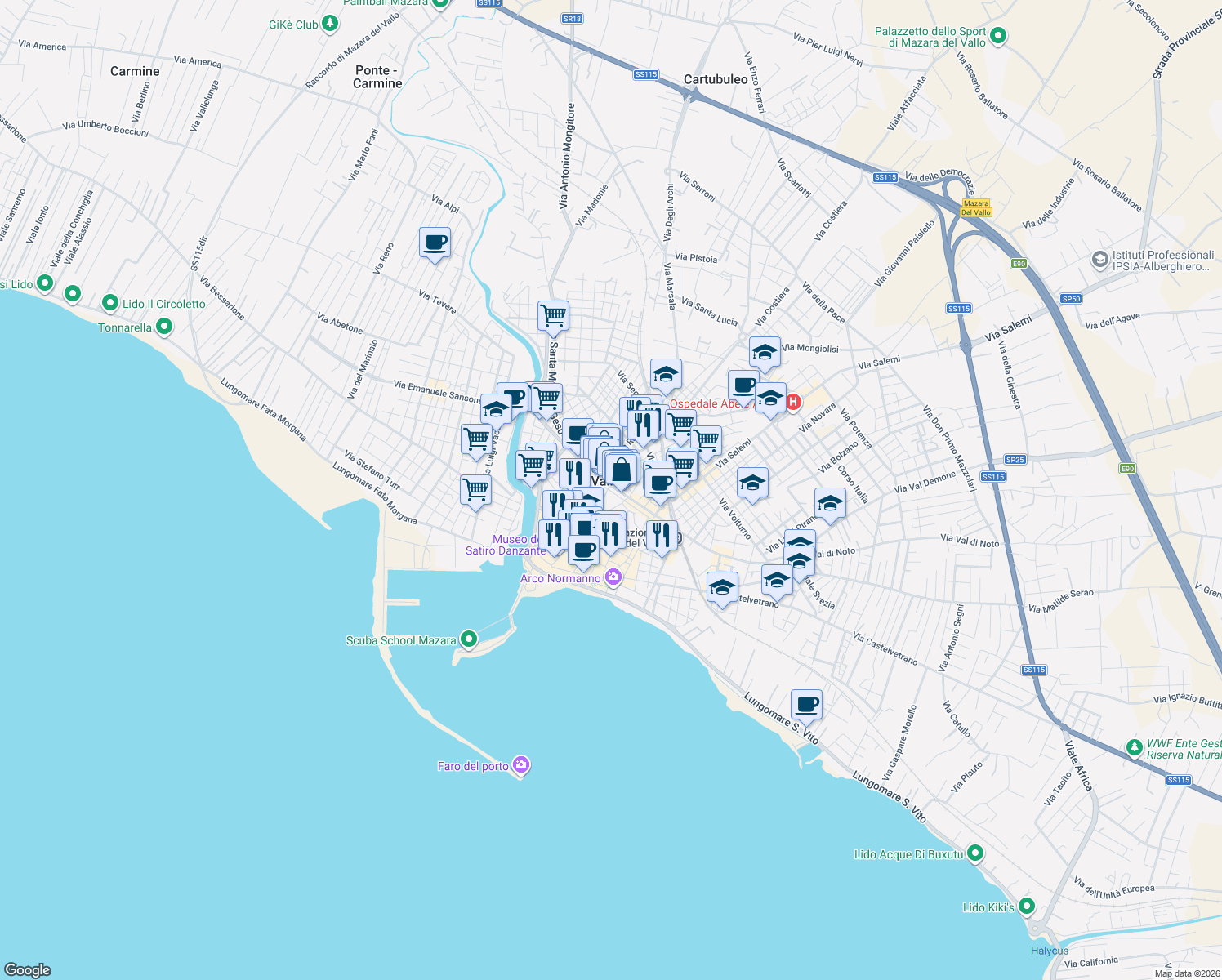 map of restaurants, bars, coffee shops, grocery stores, and more near 70 Via Ten. Gaspare Romano in Mazara del Vallo